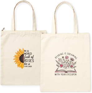 Bolsa de lona con diseño de girasol y libro, cierre de cremallera, asa larga, tamaño grande, para uso diario, bolsa de compras - Product Image 1