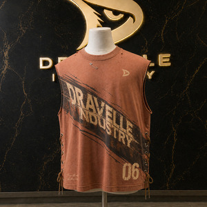 Oversized Boxy Streetwear Muscle Tee Tank <b>Top</b>, Vintage Washed Cotton Slub Jersey, Distressed Graphic Print, Lace-Up Side Detail - Product Image 1