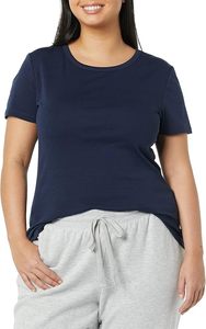 T-shirt décontracté pour femme, bleu marine, col en V, manches courtes, coupe classique, 100 % coton toile respirant, couleur unie compressée - Product Image 4