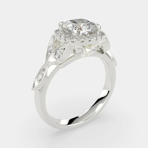 18K White Gold Cushion Cut Lab Grown Diamond Halo Engagement <b>Ring</b> | Vintage Milgrain Floral Band | IGI Certified Luxury Solitai - Product Image 3