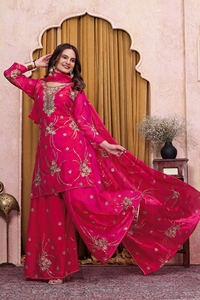 Modern Festive Fendy Silk Embroidered Kurta Set Palazzo Boring Craft Dupatta Wedding Party Ethnic Outfit For Women - Product Image 5