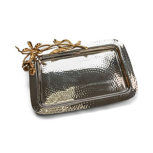 Plateau de service alimentaire en métal doré de qualité supérieure avec poignée florale blanche pour hôtels, mariages et réceptions, vente en gros à bon prix - Product Image 3