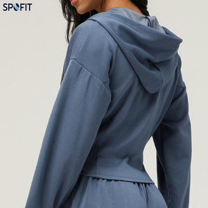 Sudadera con Capucha y Cierre para Mujer, Color Sólido, Algodón y Fibra de Bambú, Transpirable, Manga Larga, Estilo Corto, para Otoño - Product Image 2