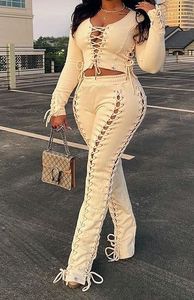 Trendy Ribbed Lace-Up Eyelet Crop Top and High Waist Cut-Out Skinny Trouser Set Women <b>Sexy</b> Two Piece <b>Club</b> Matching Set - Product Image 2
