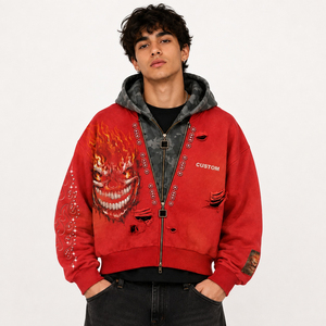 Wholesale Custom Flame Graphic <b>Hoodie</b> Men Oversized <b>Red</b> Vintage Streetwear Full Zip Distressed Hooded Jacket OEM Supplier - Product Image 3