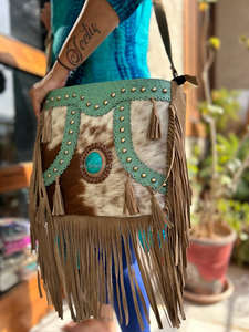 Unique Western Style <b>Tooled</b> Hair on Hide Fur <b>Leather</b> Sling Bag Women Embossed Colour <b>Tooled</b> Fur <b>Leather</b> Vintage Style Side Bag - Product Image 5