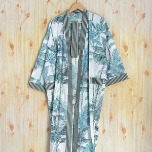 Bata Kimono de Algodón 100% Tejido con Estampado de Dibujos Animados para Mujer, Camisón de Verano Hecho a Mano, Cuello en V, Cintura Elástica, Largo Completo, ODM - Product Image 1