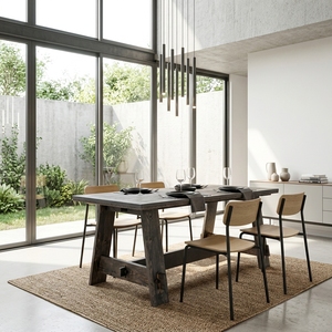 Premium wooden mykonosh dining table minimalist <b>solid</b> dark reclaimed <b>wood</b> kitchen meal <b>desk</b> natural textured top surface spacing - Product Image 3