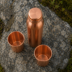Bouteille en cuivre mat lisse Royal avec verres assortis, vaisselle de voyage portable au design traditionnel - Product Image 1