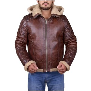<b>Men</b> Brown <b>Shearling</b> <b>Jacket</b> with Hoodie - Product Image 1