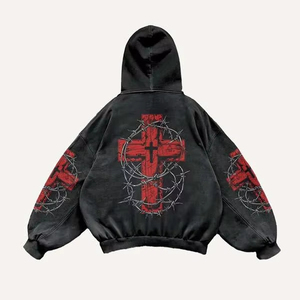 Sweat-shirt à capuche court surdimensionné pour homme, imprimé flamme squelette gothique, noir et rose, en tricot par sublimation, style automne - Product Image 3