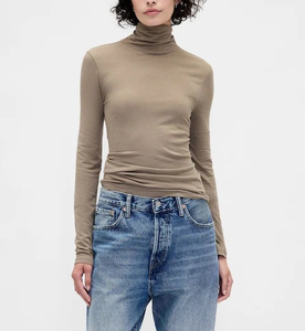 T-shirt côtelé à col roulé à manches longues pour femme, 95 % coton, 5 % élasthanne, 220 GSM, coupe ajustée, personnalisable avec logo OEM, vente en gros pour l'automne - Product Image 5