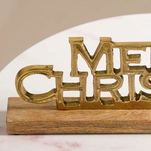 Merry <b>Christmas</b> Metal Sign Gold Finish Wood Base Traditional Holiday Decoration - Product Image 4