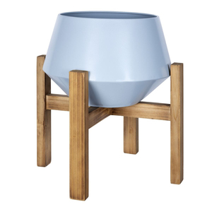 Pot de fleurs hexagonal moderne en métal bleu clair avec support en bois naturel, décoration intérieure pour salon et chambre. - Product Image 1