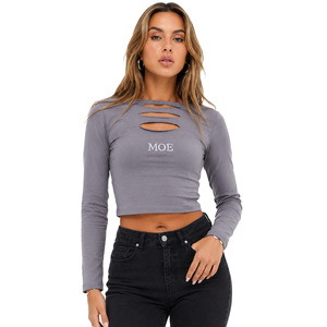 Long Sleeve <b>Cropped</b> Blouse Cut-Out Detail women's shirt OEM Custom Logo Front Hollow Design O-Neck <b>Top</b> High Quality 100% Cotton - Product Image 1