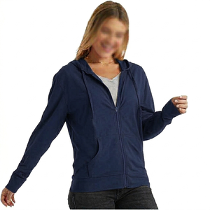 Sweat-shirt gris à capuche zippé pour femme, manches longues, couleur unie, tricoté, respirant, hiver, 100% coton, ODM Front - Product Image 3