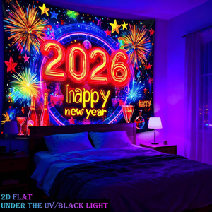 Arazzo Verticale Luminoso 2D a Tema Capodanno 2026, Decorazione da Parete Fluorescente che si Illumina al Buio per Feste, Felice Anno Nuovo - Product Image 1