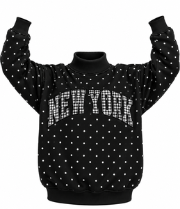 Sweat-shirt oversize à col montant pour femme avec logo personnalisé, imprimé gingham, lettres appliquées et patchwork, pull décontracté pour l'hiver - Product Image 2