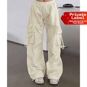 Spring/Summer Trendy Cargo Pants Loose Fit <b>Elastic</b> Waistband Large Pockets Tie-<b>String</b> Accents - Product Image 1