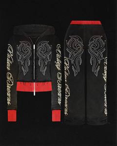 Custom Velour Tracksuit Women | Rhinestone <b>Velvet</b> Zip Up Hoodie & <b>Joggers</b> Set | OEM Luxury Flare Pant Two Piece Set Manufacturer - Product Image 4