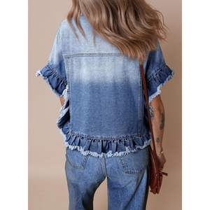 Chaquetas vaqueras con estampado gótico de moda para mujer 2025 Y2K abrigo de manga corta con botones y decoración de diamantes estilo lavado con volantes - Product Image 1