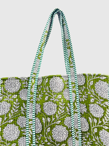 <b>Green</b> Floral Panelled Cotton Tote <b>Bag</b> Bohemian Style Open Closure Women's Shopping <b>Bag</b> All Seasons - Product Image 3
