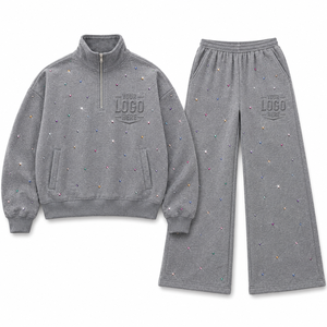 Quarter Zip Mens Rhinestone <b>Tracksuit</b> Set Custom Streetwear Sweat Suit Wholesale USA Supplier Relaxed Fit Two Piece 100% Cotton - Product Image 1
