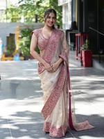 Ensemble de sari en filet brodé avec chemisier, vêtements indiens et pakistanais perlés, pour mariage et festivals