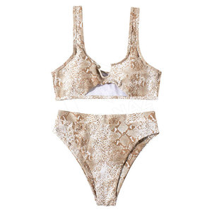 Conjunto de Bikini con Estampado de Piel de Serpiente para Mujer, Traje de Baño de Dos Piezas de Cintura Alta, Top Corto con Cuello Redondo, Traje de Baño con Logotipo Personalizado - Product Image 3