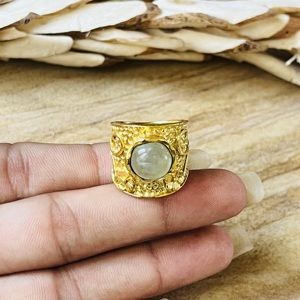 High Demand Market Favorite <b>Ring</b> Prehnite Flower Texture Brass <b>Ring</b> Gold Plated <b>Chunky</b> Boho <b>Ring</b> Wholesale <b>Ring</b> For Women - Product Image 2