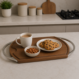 Plateau de service en bois d'acacia sculpté de luxe avec poignées en métal |   Grande planche à découper pour la viande, pour la maison, l'hôtel, le restaurant, la cuisine - Product Image 3