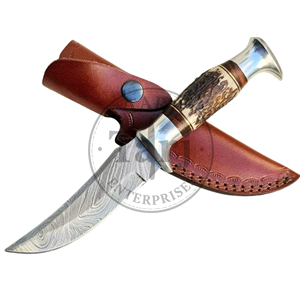 Cuchillo Bowie de caza y camping de hoja fija de Damasco de grado industrial personalizado, OEM, con punta de gota, para uso exterior, mango de asta de ciervo - Product Image 4