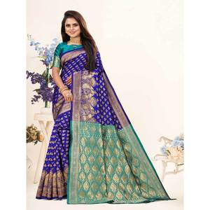 VÊTEMENTS DE MARIAGE BANARASI SOIE JACQUARD TRAVAIL SAREE AVEC CHEMISIER NON COUDU BLEU - Product Image 1