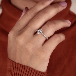 Pear Cut Lab Grown Diamond Solitaire Engagement Ring with Pave Diamond Band 14K Gold <b>Bridal</b> Anniversary Ring Wholesale Supplier - Product Image 4