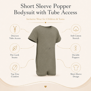 Body de Tirantes Color Gris Oliva |   Ropa Sensorial Especial para Niños, Prendas Inclusivas con Acceso por Tubo, Mangas Cortas, Algodón Elástico, Unisex - Product Image 5