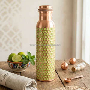Bouteille d'eau en cuivre 1000 ml, design vert à pois, couvercle à vis, bouteille de voyage réutilisable en métal - Product Image 1