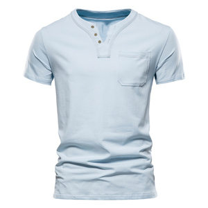 T-shirt décontracté à col en V boutonné pour homme, 100 % coton, écologique, respirant, doux, en jersey, à manches courtes, vente chaude, haute qualité, OEM - Product Image 5