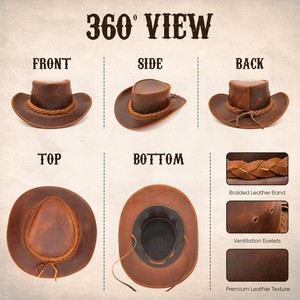 Sombrero de Vaquero de Cuero Marrón de Moda 2026, Ala Ancha, Estilo Vintage Desgastado, con Banda Trenzada y Correa para la Barbilla, Unisex para Adultos - Product Image 2