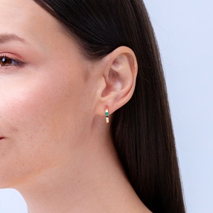 14kt <b>White</b> Gold Emerald Huggie Hoop Earrings Round Cut Bezel <b>Set</b> Minimalist Luxury Fine Jewelry for Women Gift for Wife - Product Image 3