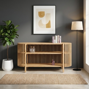 Solid Wood Living Room Cabinets Mid Century Modern Slatted <b>Sideboard</b> Oval <b>Storage</b> Credenza 3 Tier Wooden Display Shelves Unit - Product Image 2