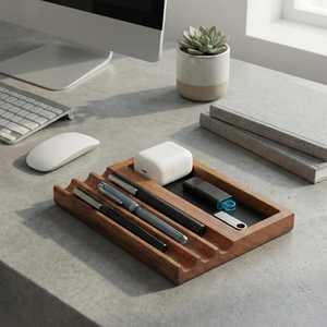 Organisateur de bureau en bois Curio Craft, forme rectangulaire, fait main, minimaliste, à un seul niveau, plateau de rangement multifonctionnel pour stylos, bureau - Product Image 4