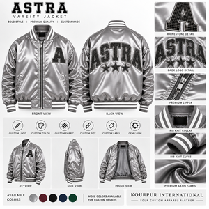 Astra <b>Sequin</b> Varsity <b>Jacket</b> <b>Men's</b> Silver Satin Zipper Closure Back Letter Design Preppy Style Autumn Wear - Product Image 5