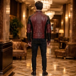 Blouson moto homme en cuir véritable tanné, color block rouge et noir, coupe ajustée, fermeture éclair, col rabattable, manches classiques, devant zippé - Product Image 3
