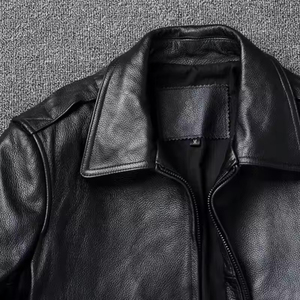 Veste moto en cuir véritable pour homme, col rabattu, fermeture éclair, couleur unie, manches classiques, automne - Product Image 4