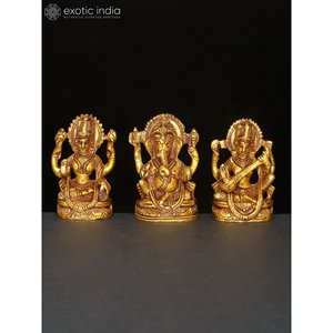Juego de esculturas de latón pequeñas hechas a mano de 3 pulgadas de Lakshmi Ganesha y Saraswati para decoración del hogar y Templo hecho en La India - Product Image 1