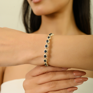 Exclusive Design 100% Authentic Blue Sapphire & Diamond Halo Tennis Bracelet K14 Real Yellow <b>Gold</b> Wedding Handmade Jewelry - Product Image 4