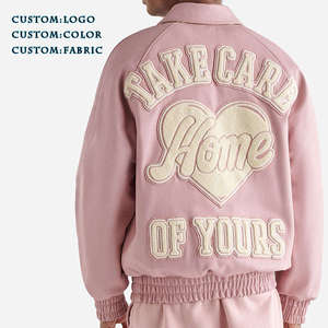 Custom Wholesale Men's Oversized <b>Pink</b> Letterman Varsity <b>Jacket</b> Snap Button Embroidery Chenille Patch Varsity <b>Jacket</b> - Product Image 2