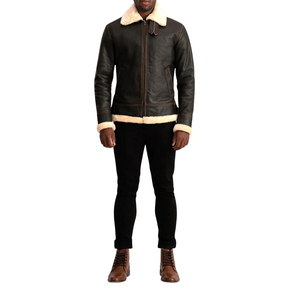 Veste en cuir PU pour homme, col en fourrure sherpa marron, coupe-vent, épaisse, fermeture éclair, col rabattable, hiver - Product Image 1