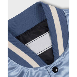 Custom Men <b>Light</b> Blue Satin Varsity <b>Jacket</b> Classic Baseball Bomber <b>Jacket</b> Snap Button Shiny Silk Letterman <b>Jacket</b> Striped - Product Image 4