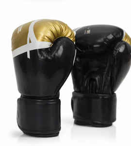 Guantes de Boxeo Negros de Dedo Completo con Estampado de Lámina Dorada y Cierre de Cordones para Adultos, Equipo de Entrenamiento de Artes Marciales, Guantes de Ejercicio - Product Image 1